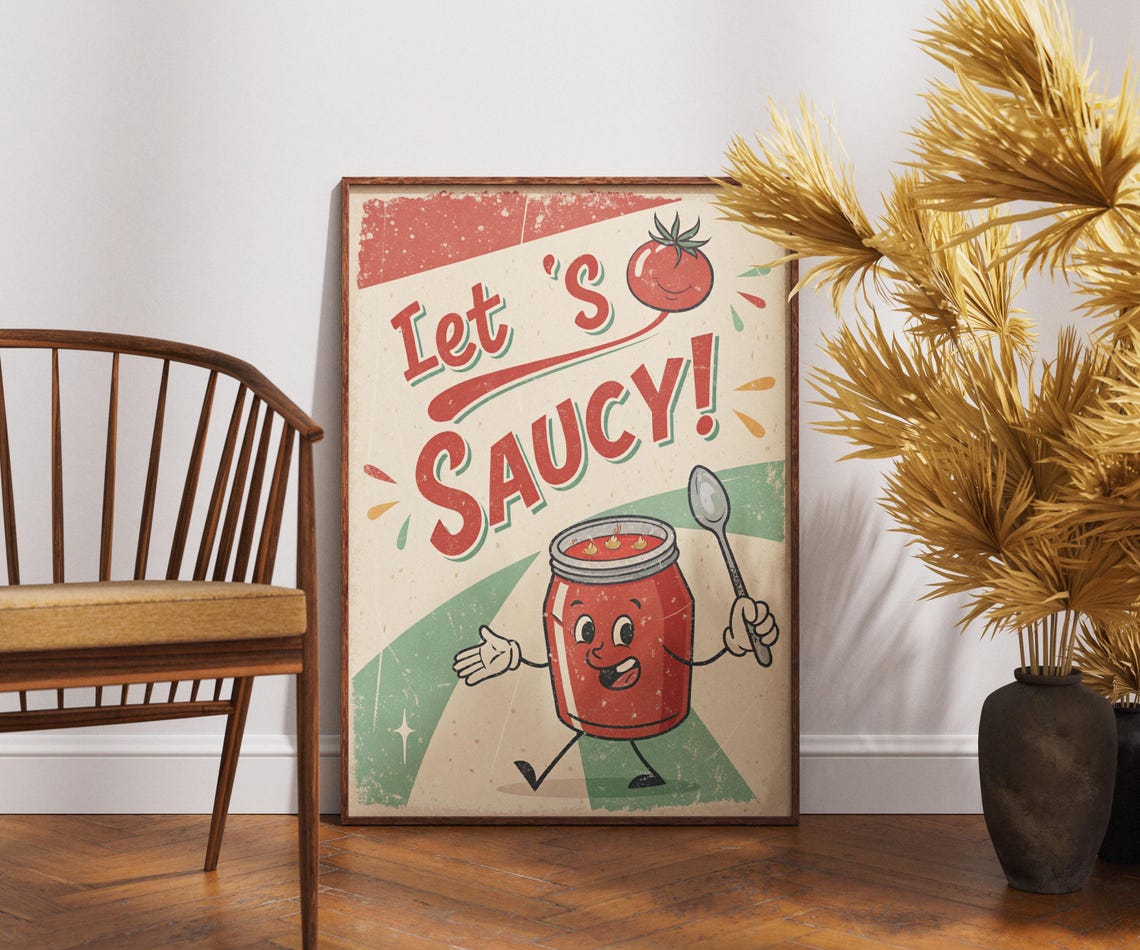 Lets Saucy Tomato Sauce Jar Retro Mascot Funny Vintage Kitchen Poster