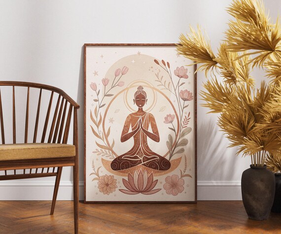 Zen Yoga Meditating Woman Floral Boho Mindfulness Art Poster