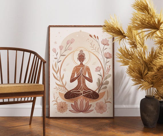 Zen Yoga Wall Art Meditating Woman Poster Mindfulness Boho Print Spiritual Artwork Neutral Toned Peaceful Decor