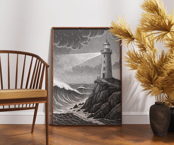 Stormy Lighthouse Art Print Black And White Coastal Poster Dramatic Ocean Waves Illustration Nautical Wall Decor Rainy Sea Scene