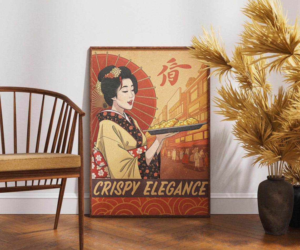 Crispy Elegance Tempura Geisha Red Parasol Retro Japanese Food Poster