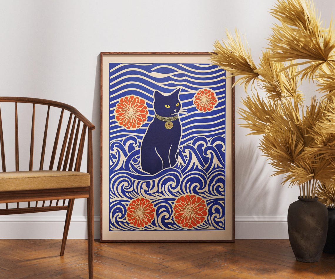 Vintage Black Cat Art Poster Linocut Chrysanthemum Print Boho Wall Decor Floral Illustration Retro Lover Gift