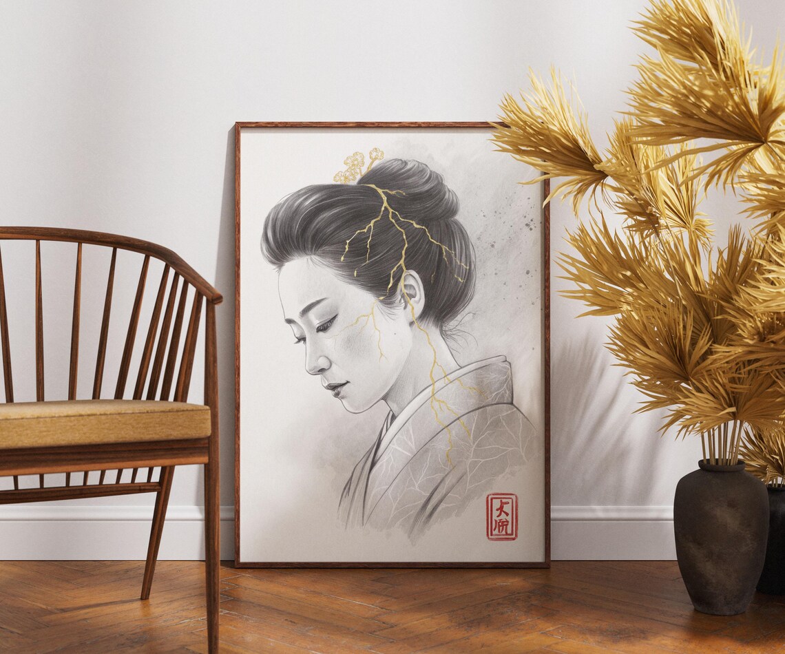 Japanese Woman Portrait Gold Crack Kintsugi Graphite Art Poster