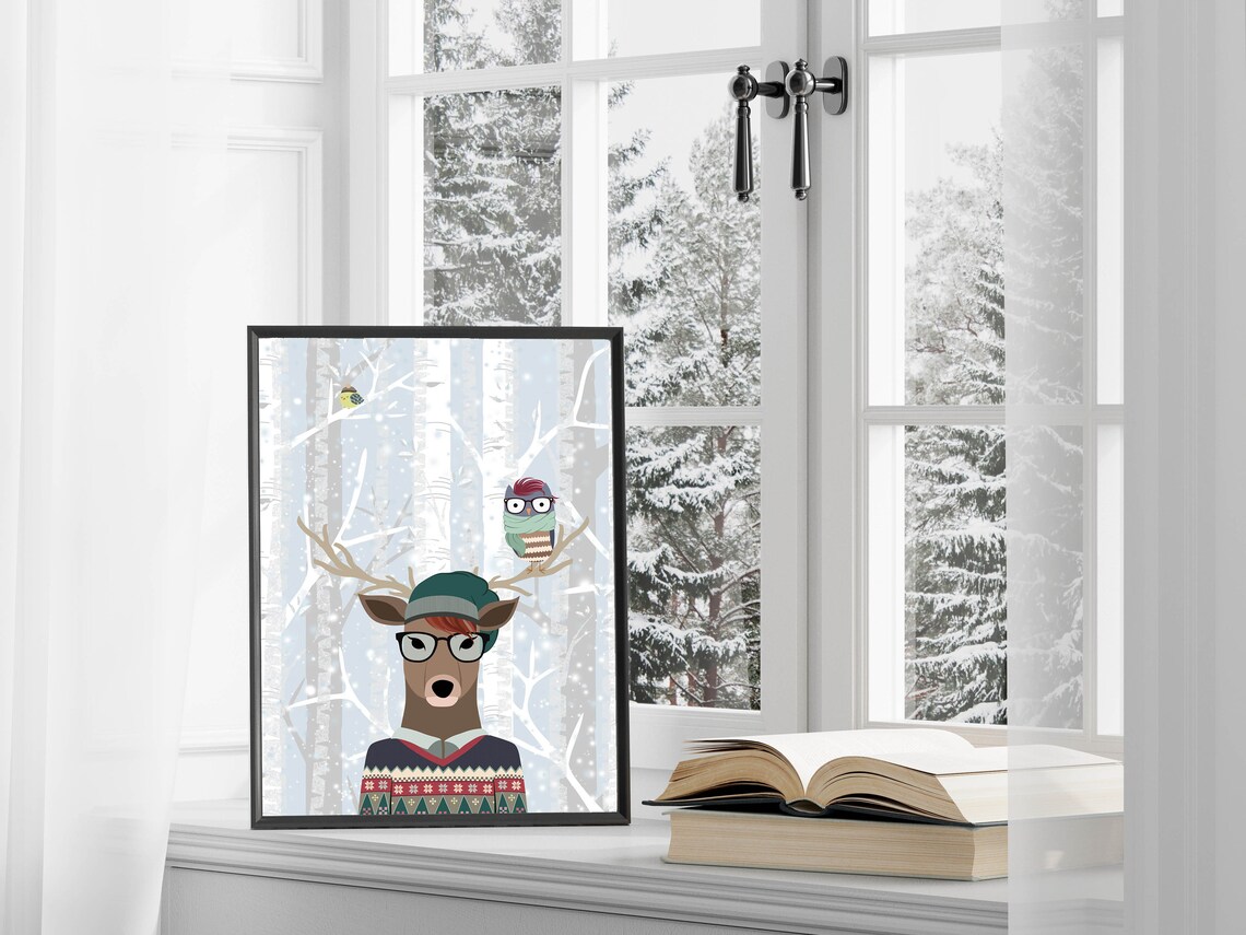 Whimsical Deer Wearing Glasses And Winter Sweater Owl Snowy Forest Poster - Image 3