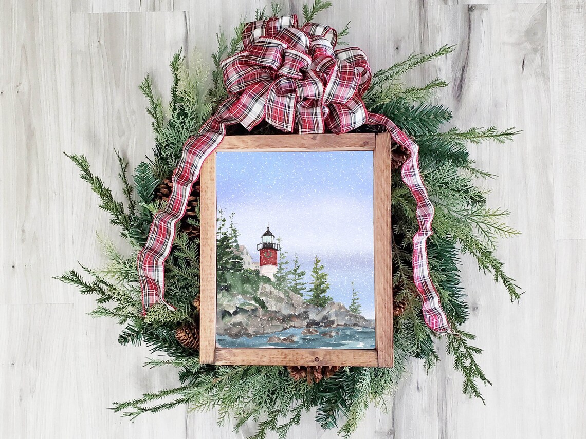 Winter Lighthouse Snowy Coastal Scene Watercolor Rocky Shore Poster - Image 2