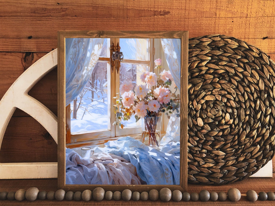 Snowy Winter Window Bouquet Cozy Still Life Watercolor Art Poster - Image 3