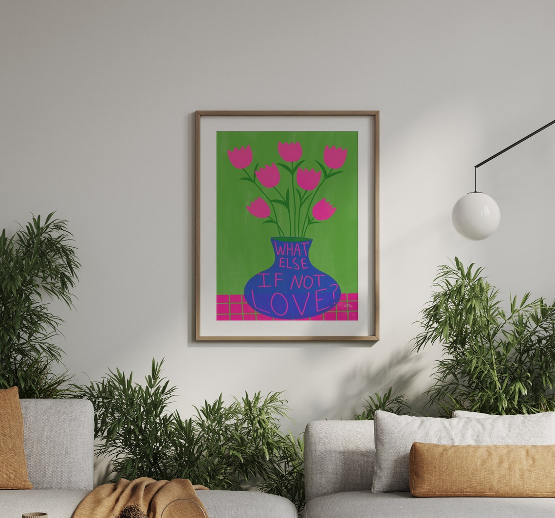 Blue Vase With Pink Tulips and What Else If Not Love Quote Poster - Image 3