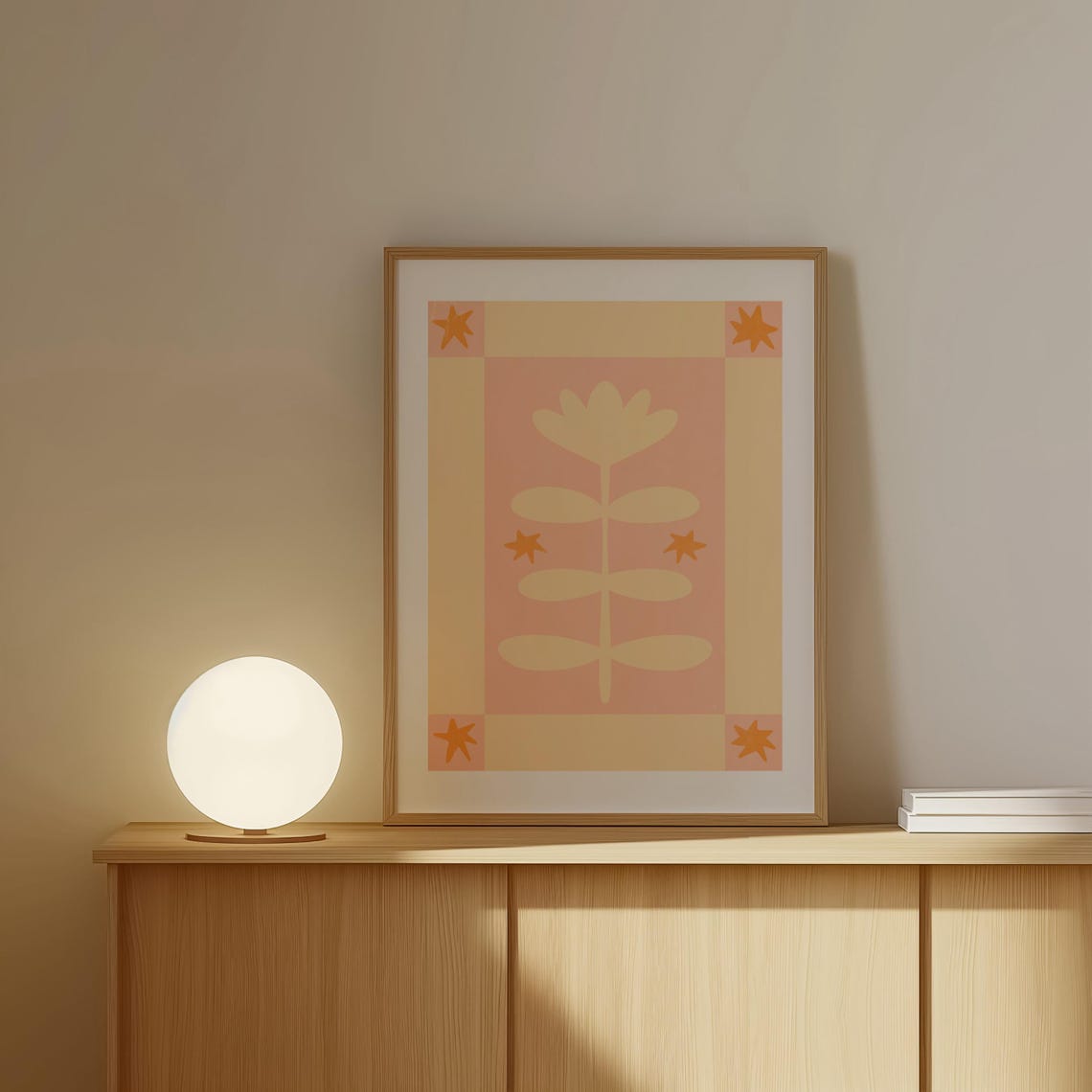 Cream Folk Plant With Orange Stars Scandinavian Pink Art Poster - Image 3