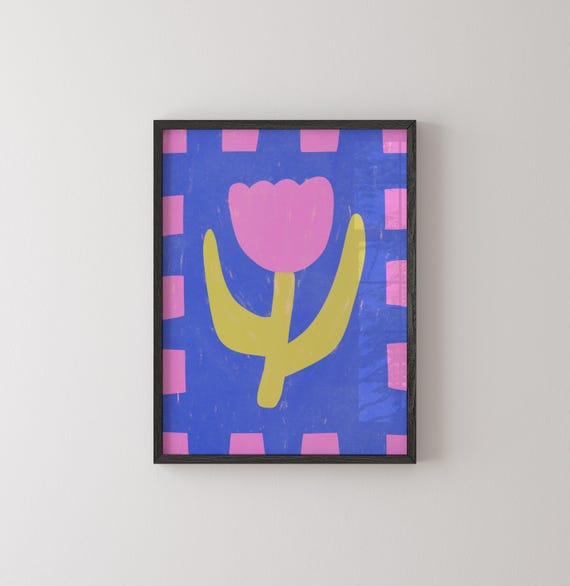 Scandinavian Folk Tulip Poster Botanical Art Spring Vibrant Colorful Blue Pink Funky Bold Home Decor 20x30 12x18 16x24 11x14