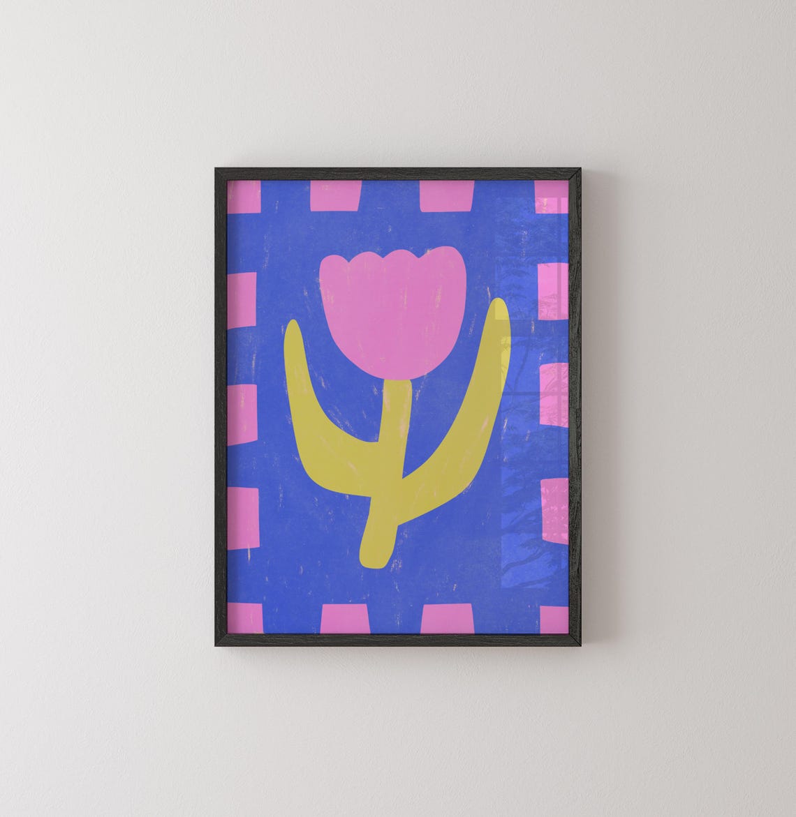 Pink Tulip On Cobalt Blue Scandinavian Folk Flower Art Poster