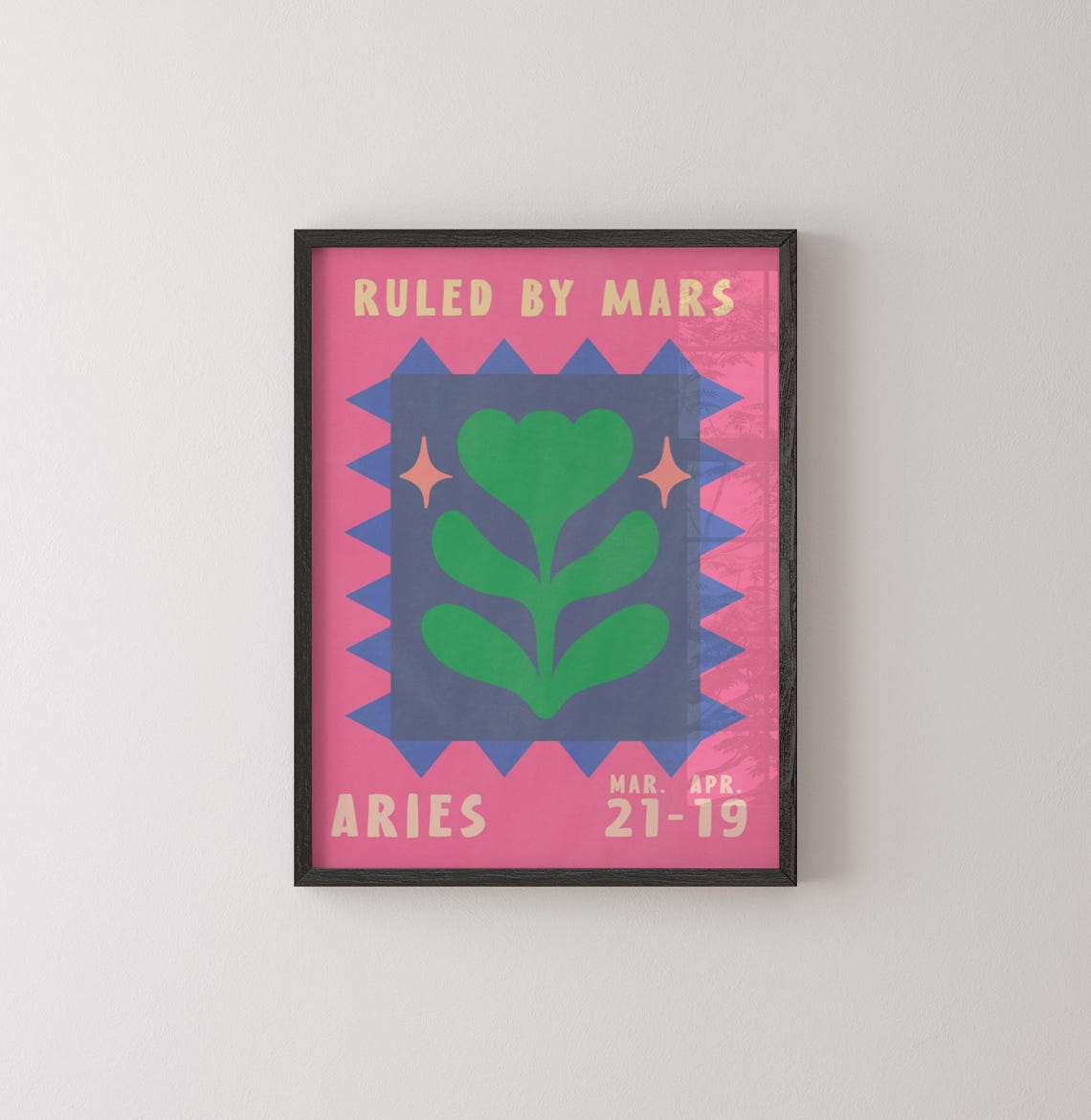 Aries Zodiac Plant Poster Ruled By Mars Retro Pink Astrology Print - Image 2