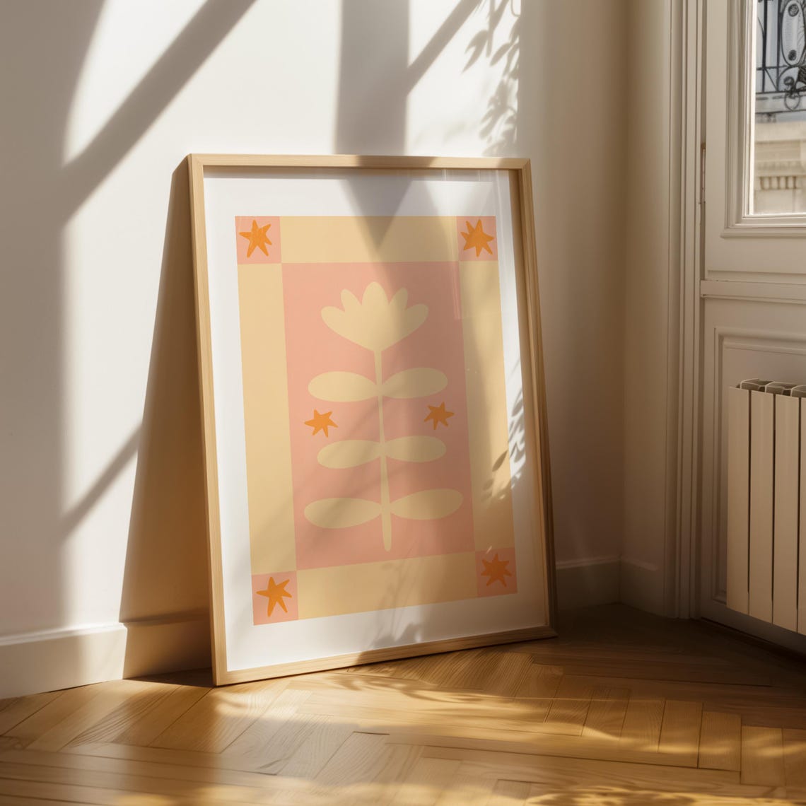 Cream Folk Plant With Orange Stars Scandinavian Pink Art Poster - Image 2