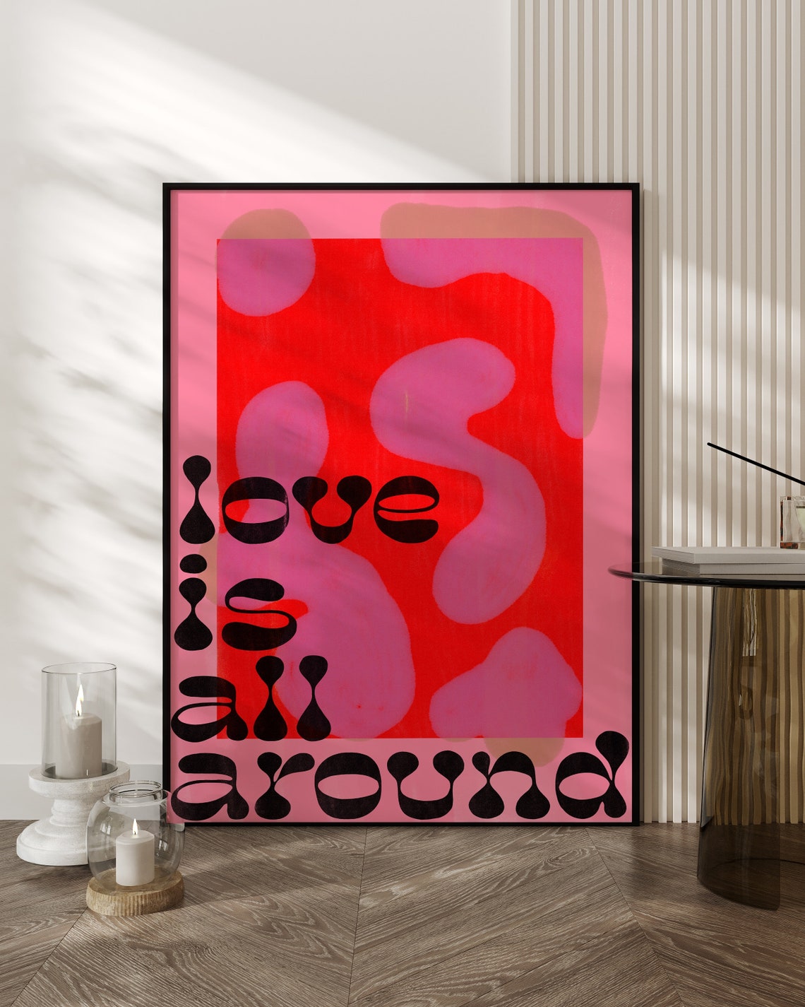 Love Is All Around Retro Groovy Pink Red Abstract Quote Art Poster - Image 2