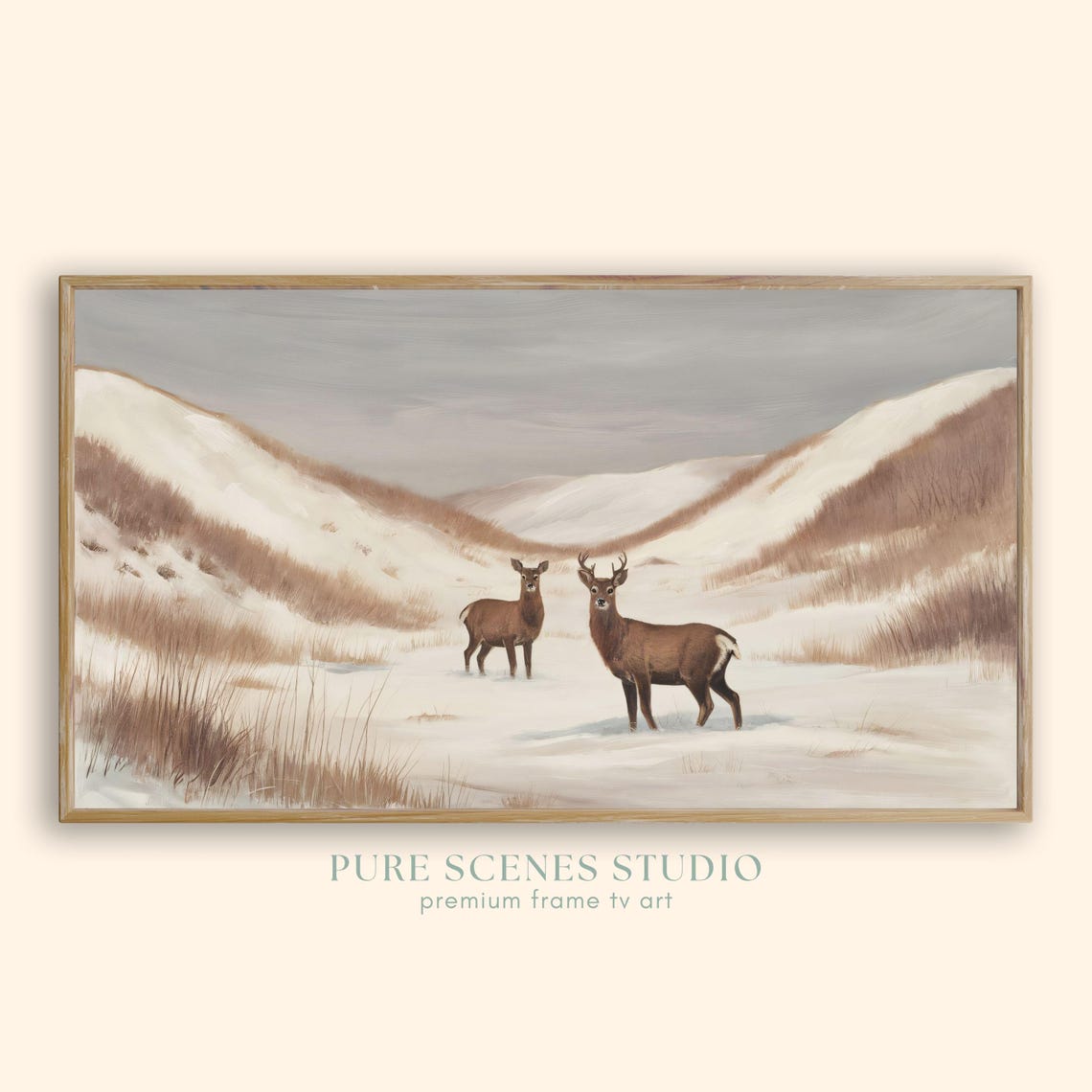 Buck And Doe Standing In Snowy Valley Winter Grasses Vintage Poster