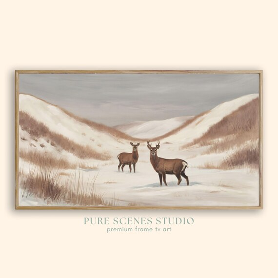 Buck And Doe Standing In Snowy Valley Winter Grasses Vintage Poster