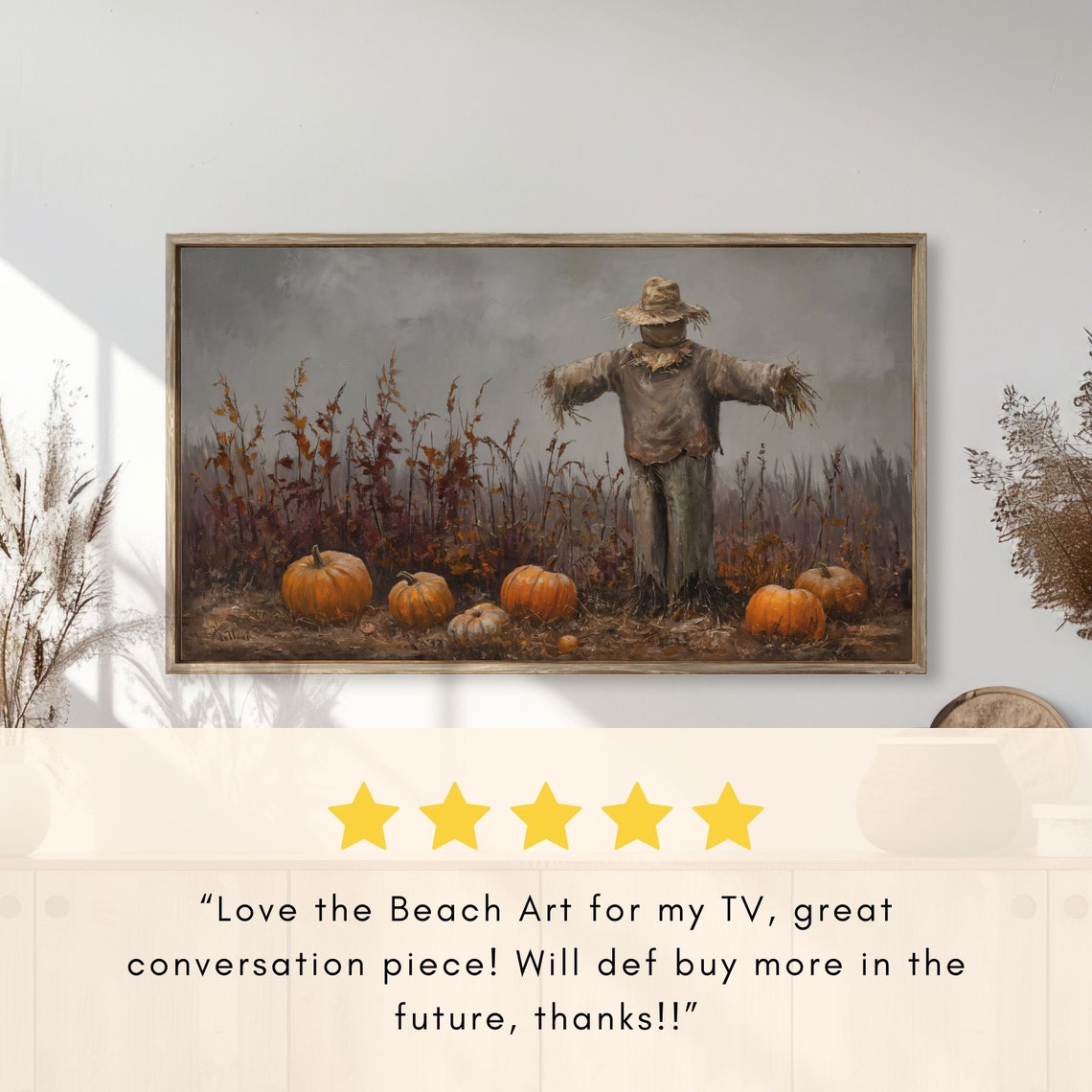 Moody Scarecrow in Autumn Pumpkin Field Under Gray Sky Poster - Image 2
