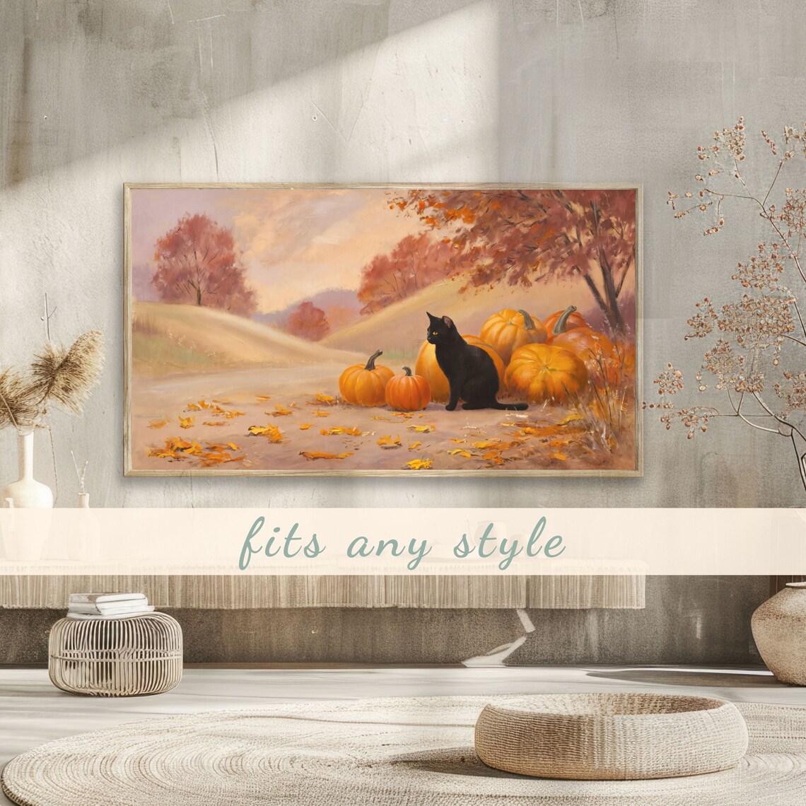 Black Cat Among Pumpkins on Autumn Country Road Cozy Fall Poster - Image 3