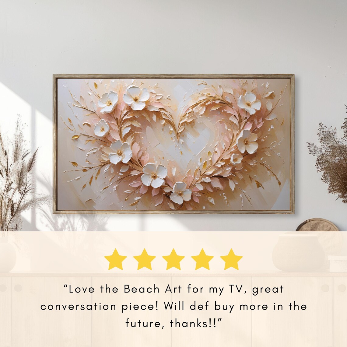 White Floral Heart Wreath Gold Impasto Romantic Painting Poster - Image 2