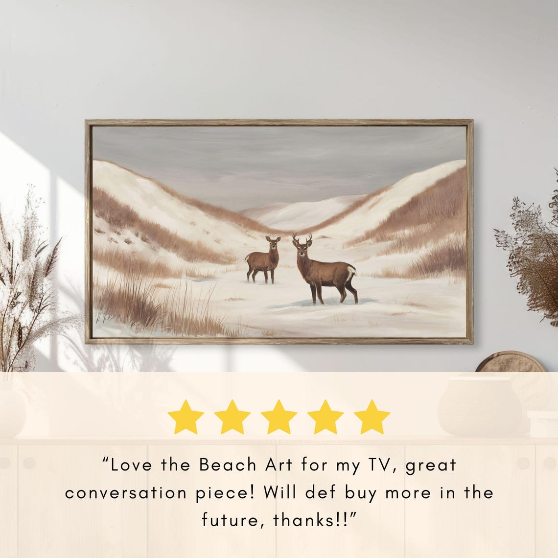 Buck And Doe Standing In Snowy Valley Winter Grasses Vintage Poster - Image 2