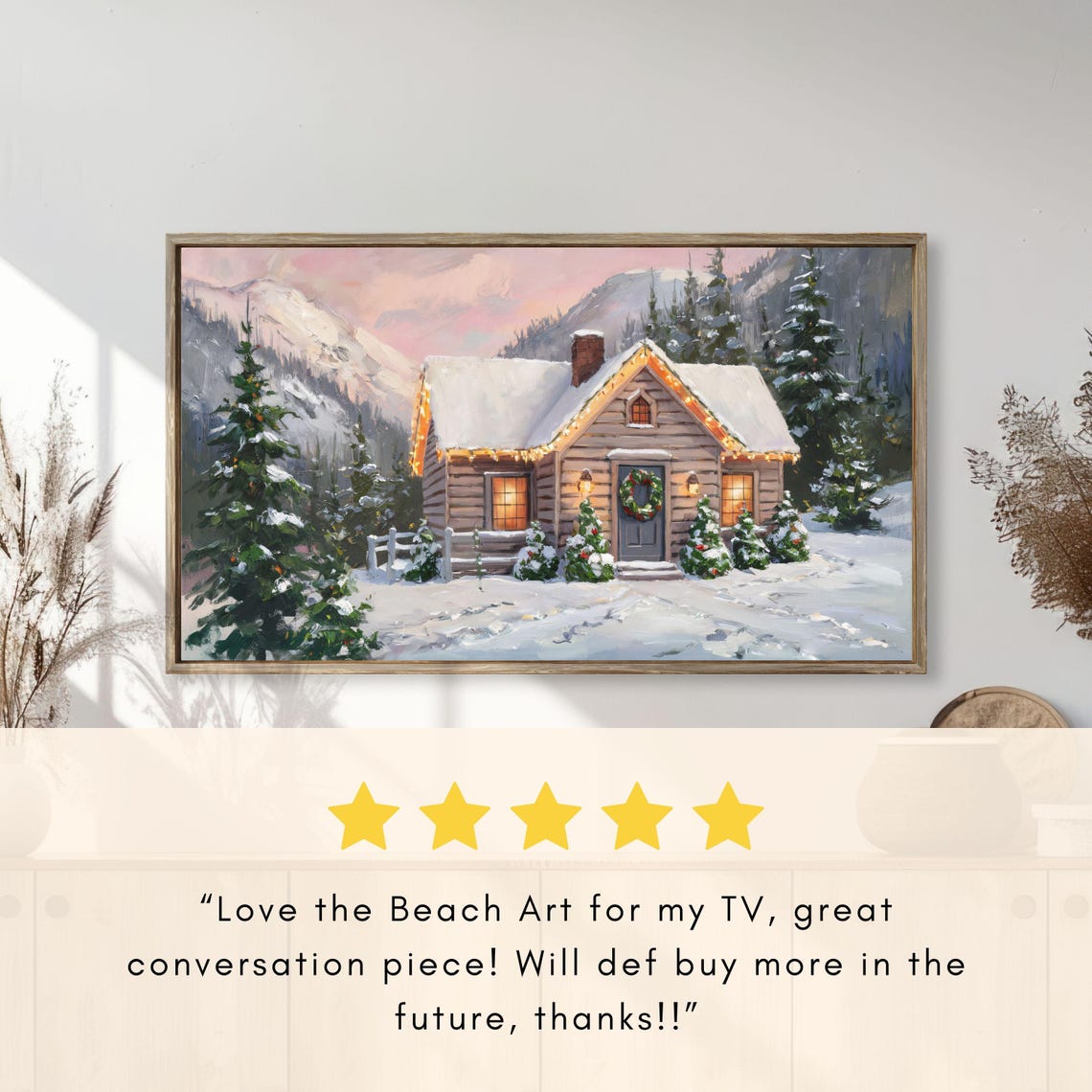 Snowy Cabin with Christmas Lights Cozy Mountain Winter Poster - Image 2