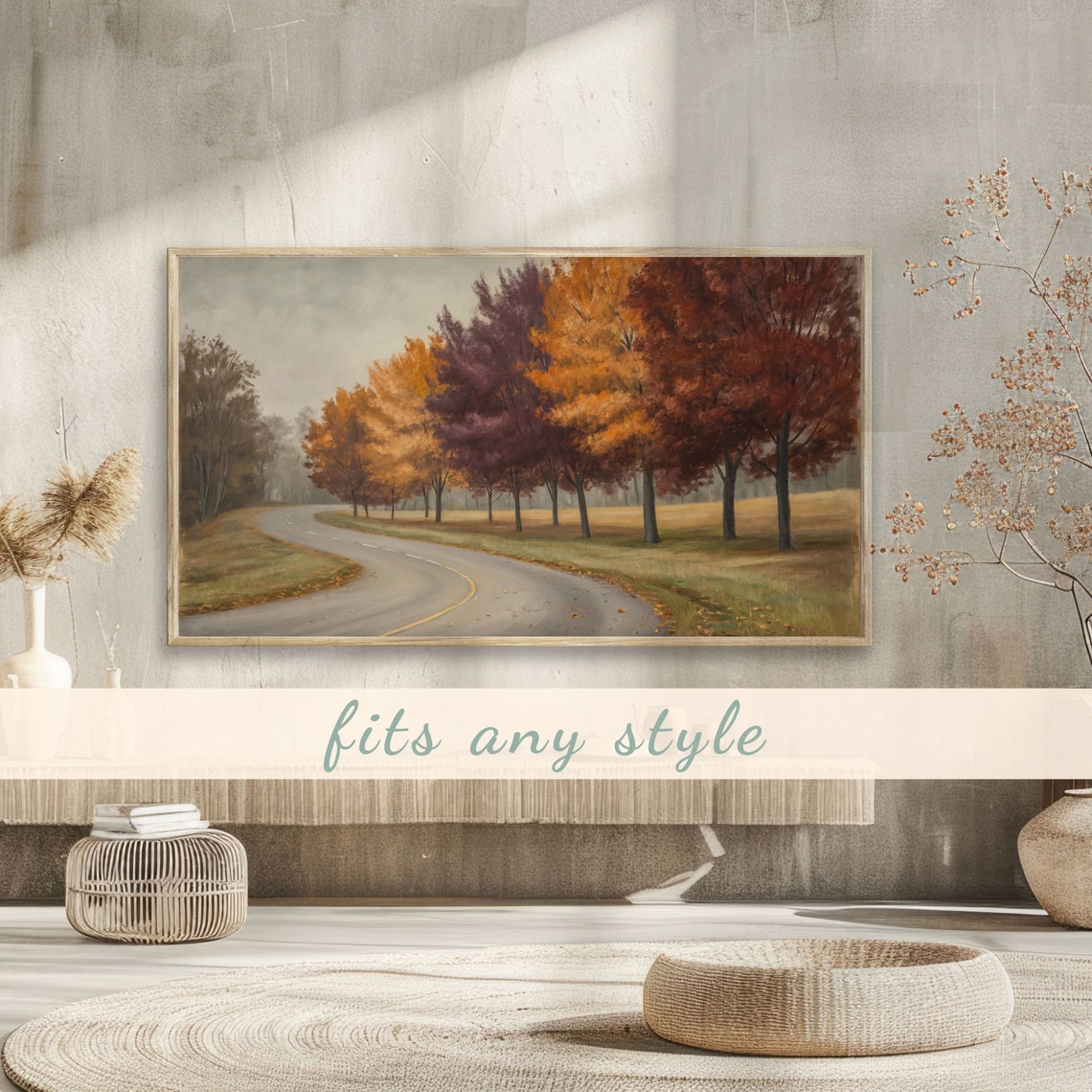 Winding Country Road Through Vibrant Autumn Trees Landscape Poster - Image 3
