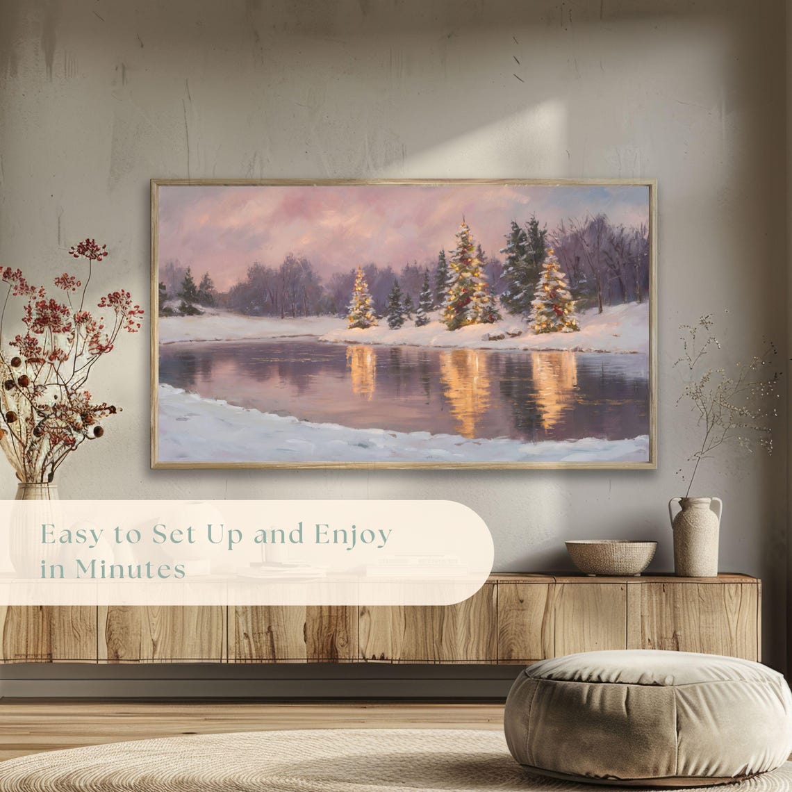Lit Christmas Trees Reflected In Frozen Lake Pink Dusk Holiday Poster - Image 5
