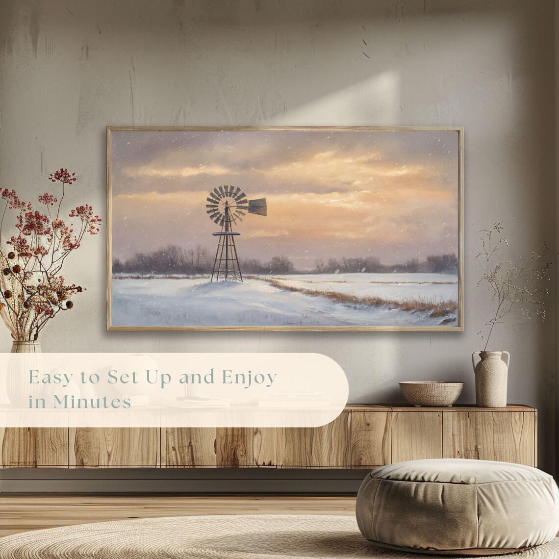 Snowy Prairie Windmill Golden Sunset Winter Countryside Painting Poster - Image 5