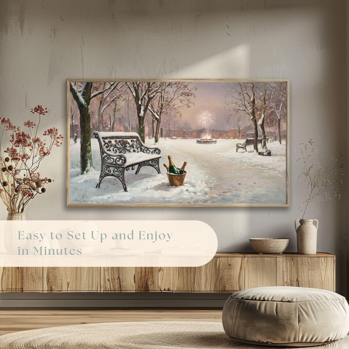 Snowy Park Champagne Bucket Fireworks Winter Celebration Poster - Image 5