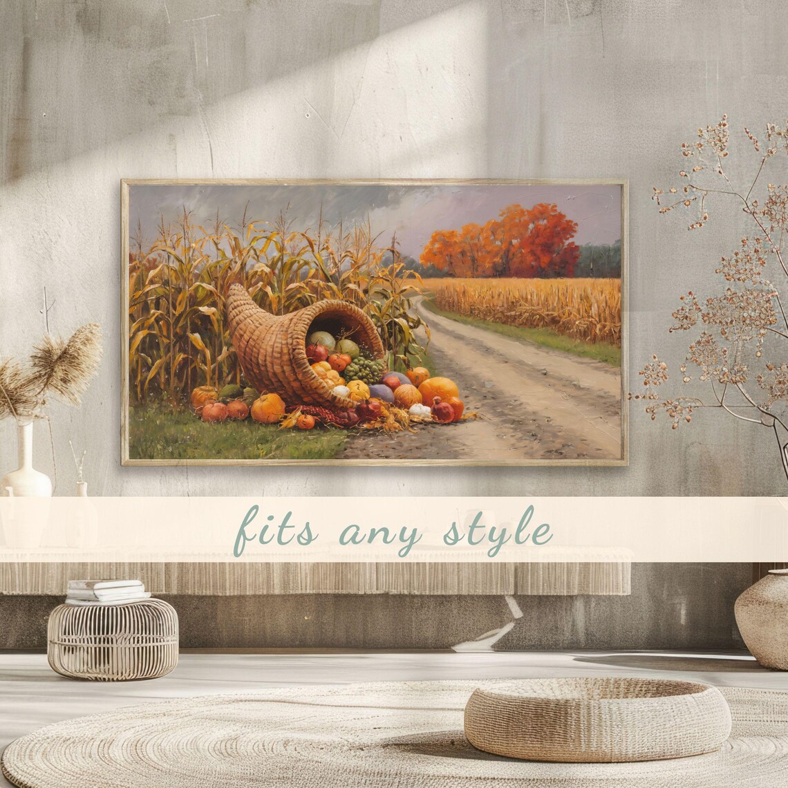 Cornucopia of Harvest Produce by Dirt Road Golden Cornfield Poster - Image 3