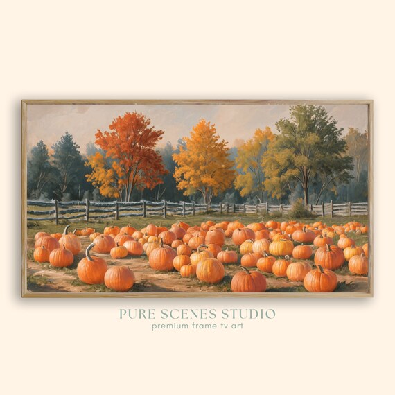 Pumpkin Patch with Split Rail Fence Colorful Autumn Trees Poster