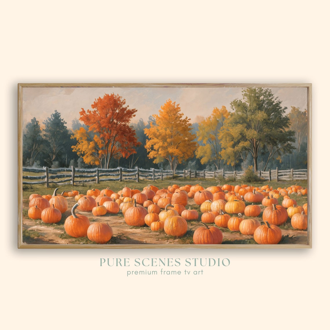 Pumpkin Patch with Split Rail Fence Colorful Autumn Trees Poster