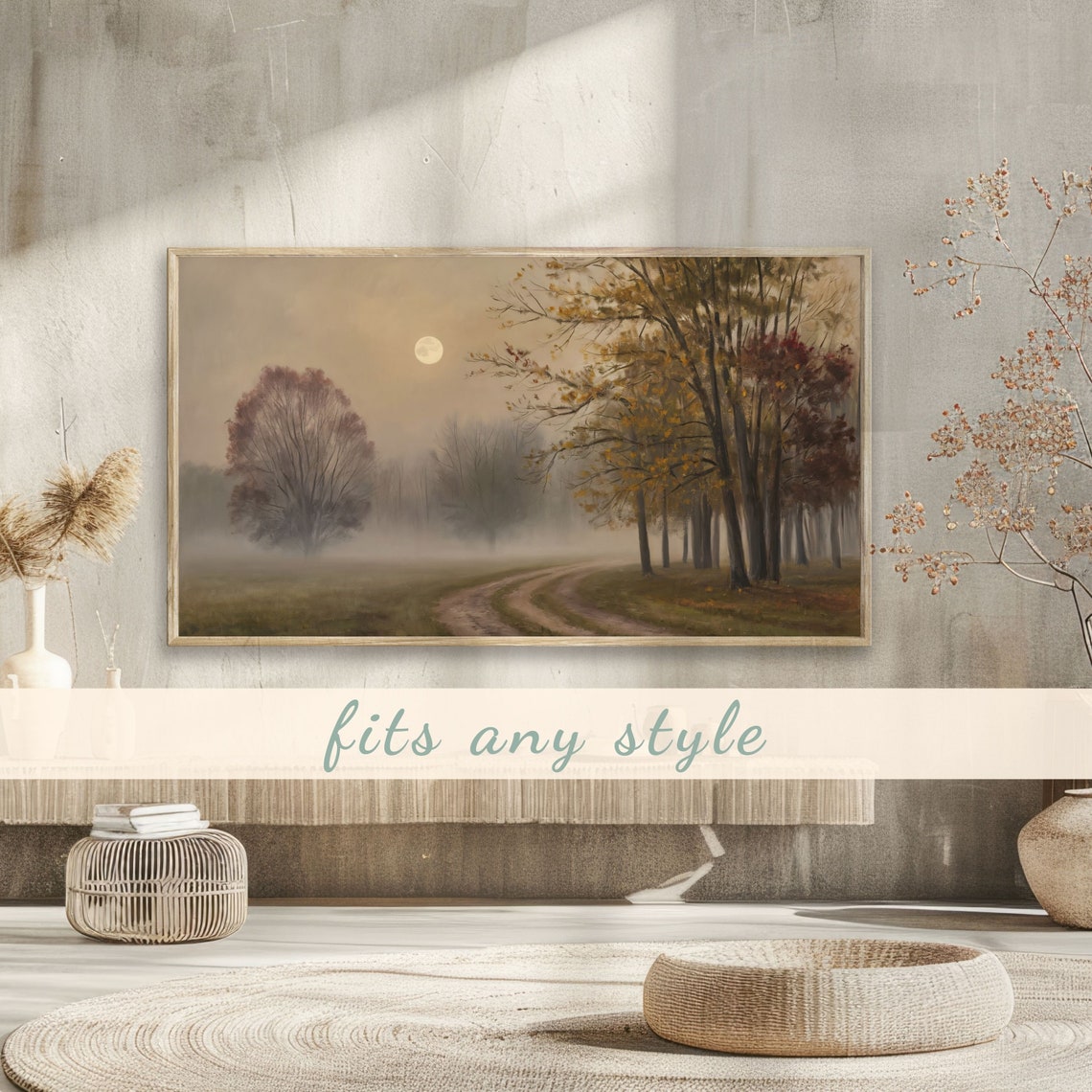 Moonlit Misty Autumn Forest Path Vintage Fall Landscape Poster - Image 3