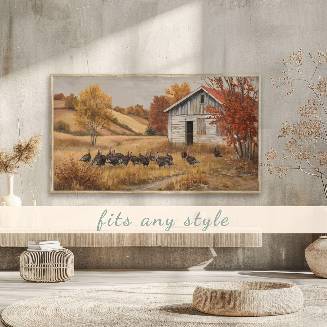 Wild Turkeys Near Rustic Farmhouse Autumn Thanksgiving Landscape Poster - Image 3