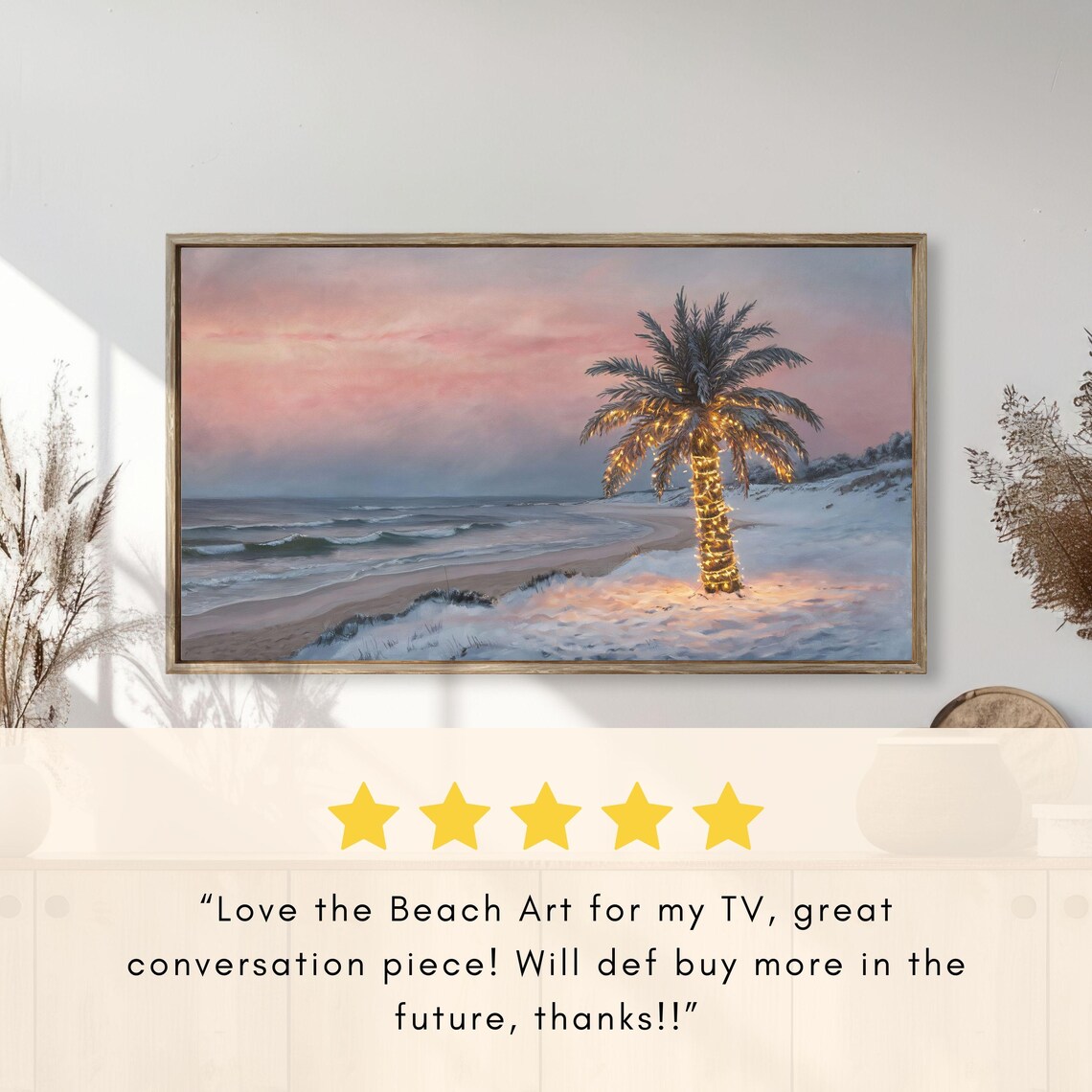 Palm Tree Fairy Lights Snowy Beach Christmas Sunset Holiday Poster - Image 2