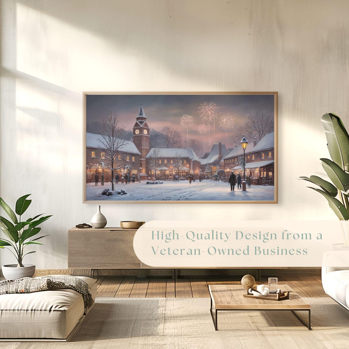Snowy Village Square Clock Tower Fireworks Night Painting Poster - Image 4