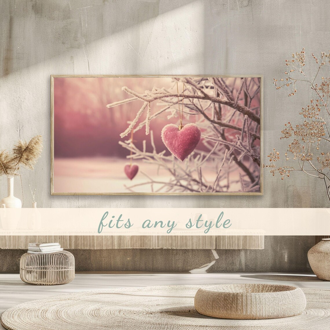 Frosty Pink Heart Ornaments Winter Bokeh Photography Art Poster - Image 3