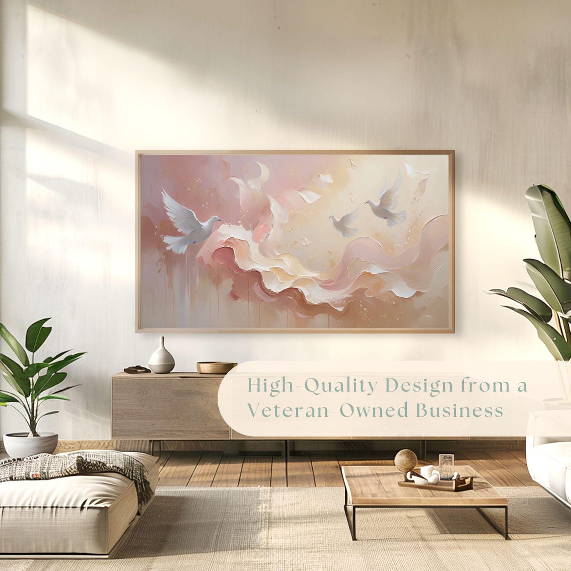White Doves Pastel Abstract Waves Romantic Wedding Painting Poster - Image 4