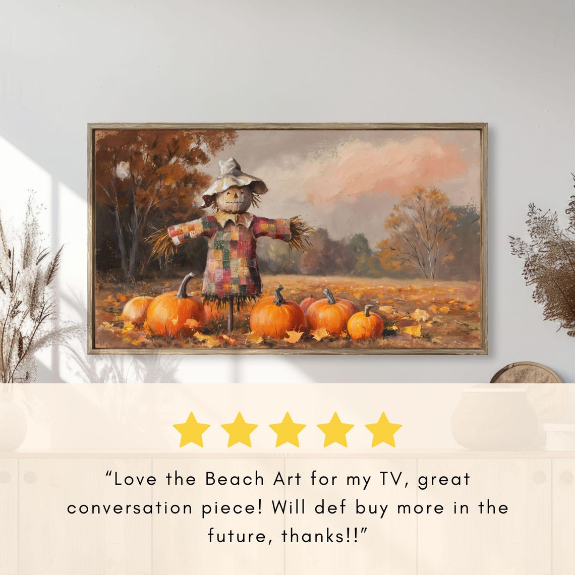 Patchwork Scarecrow Among Pumpkins Autumn Field Vintage Poster - Image 2
