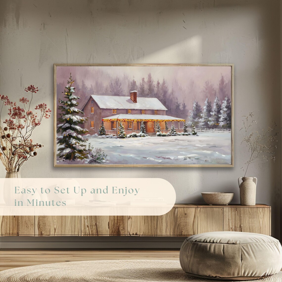 Farmhouse Porch Wrapped In Christmas Lights Snowy Night Vintage Poster - Image 5