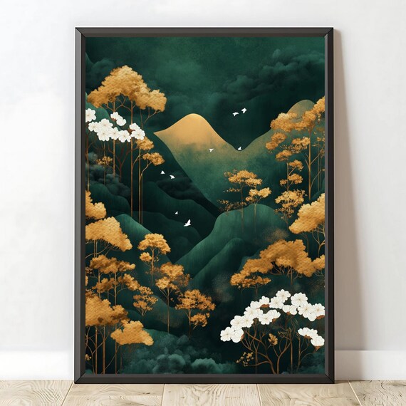 Emerald Mountain Mist Golden Forest White Flowers Japanese Style Poster