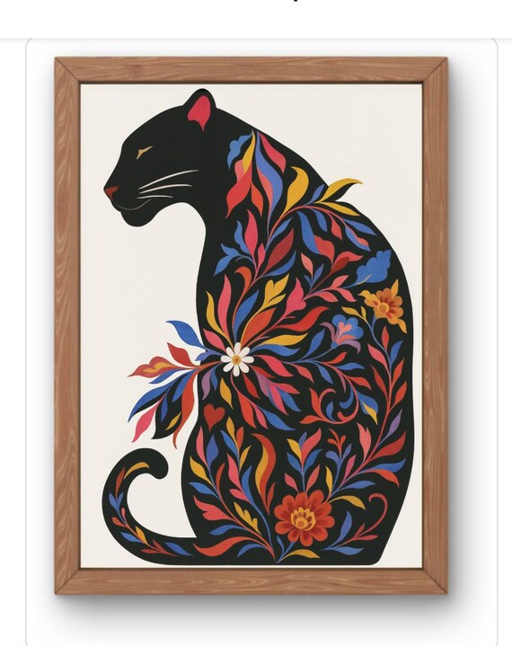 Colorful Floral Panther Folk Art Botanical Black Cat Jungle Wall Art