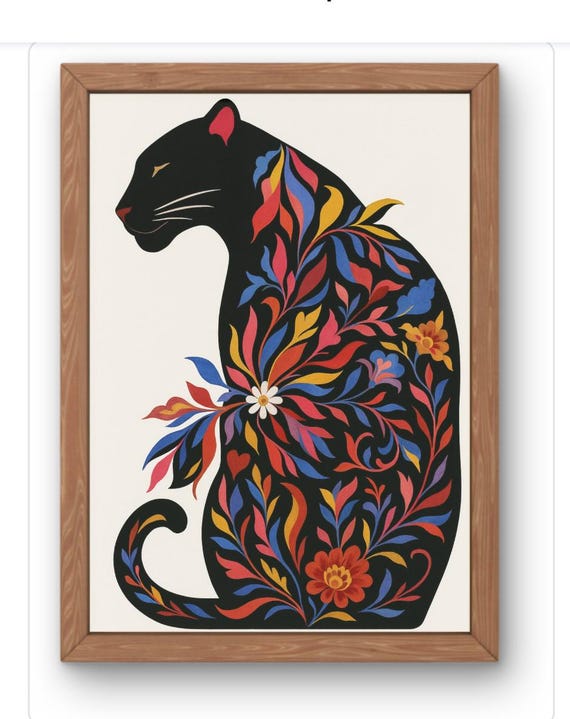 Floral Panther Wall Art Folk Black Cat Print Botanical Jungle Illustration Whimsical Boho Animal Decor For Nature Lovers