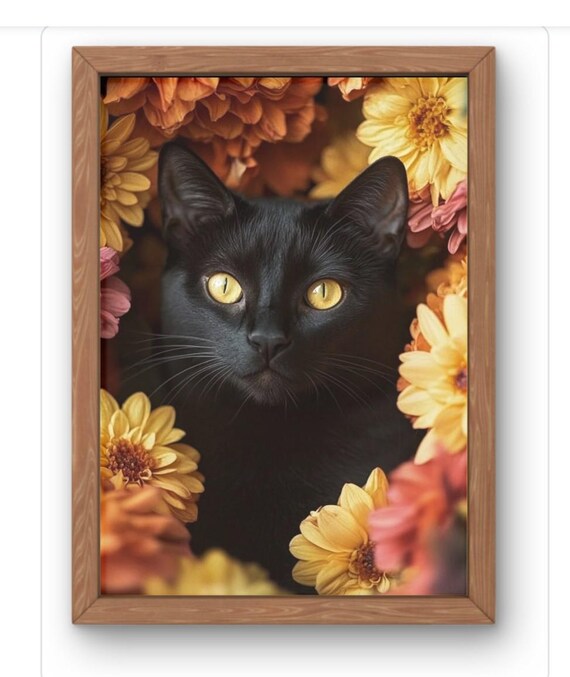 Black Cat In Autumn Florals Moody Fine Art Photography Print For Lovers Available From A5 A1 Cute Feline Flowers