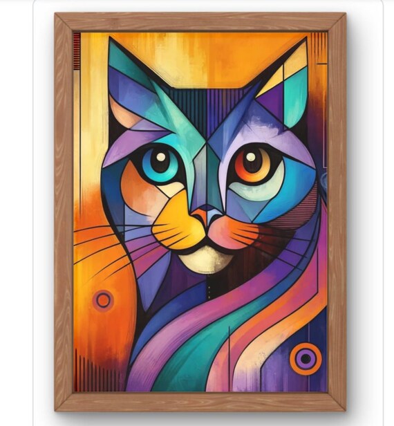 Colourful Abstract Cat Wall Art Geometric Cubist Print In Bold Modern Colours Beautiful Portrait For Lovers