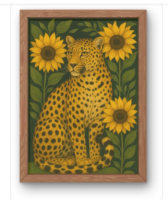 Leopard With Sunflowers Botanical Big Cat Illustration Wall Art