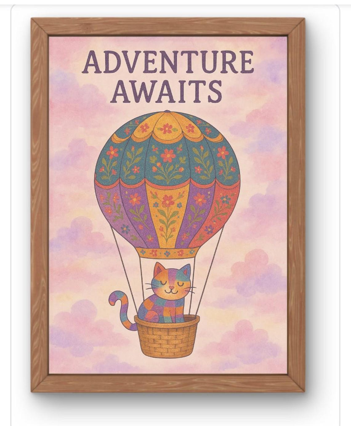 Adventure Awaits Cat Hot Air Balloon Whimsical Nursery Wall Print