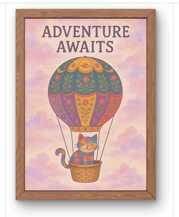 Adventure Awaits Cat Hot Air Balloon Whimsical Nursery Wall Print