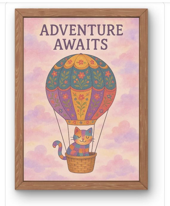 Adventure Awaits Cat Poster Pastel Nursery Wall Art Whimsical Sleeping Illustration Baby Room Decor Dreamy Animal