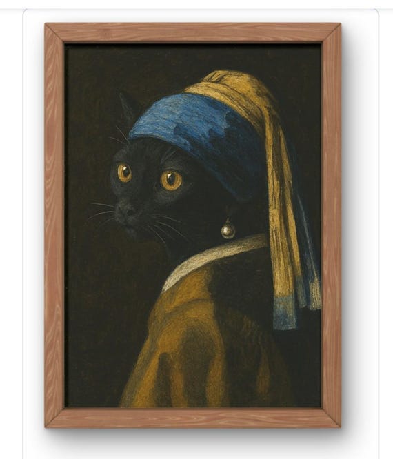 Girl With A Pearl Earing Cat Art Print Vermeer Parody Black Classic Fine For Whimsical Home Or Gift A5 To A1