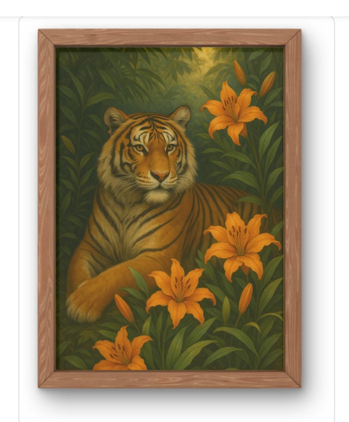 Tiger Jungle Botanical Orange Lilies Majestic Wildlife Art Poster